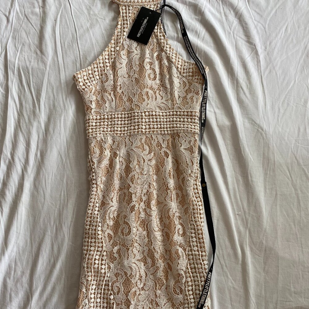 New! Pretty Little Thing midi dress lace and tan Size:4
